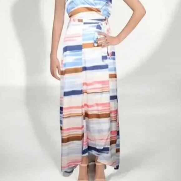 Hutch Satin Printed Sleeveless Midi Wrap Dress Bright Watercolor Stripe - Picture 4 of 8